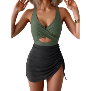 imageB2prity Women Mesh One Piece Swimdress Swimsuit Tummy Control V Neck Cutout Bathing Suit Wrap Drawstring Sarong SwimwearArmy Green black