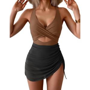 imageB2prity Women Mesh One Piece Swimdress Swimsuit Tummy Control V Neck Cutout Bathing Suit Wrap Drawstring Sarong SwimwearBrown  Black