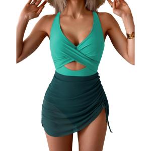imageB2prity Women Mesh One Piece Swimdress Swimsuit Tummy Control V Neck Cutout Bathing Suit Wrap Drawstring Sarong SwimwearGreen dark Green