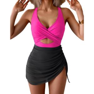 imageB2prity Women Mesh One Piece Swimdress Swimsuit Tummy Control V Neck Cutout Bathing Suit Wrap Drawstring Sarong SwimwearHot Pink black