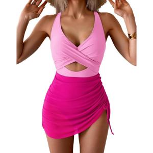 imageB2prity Women Mesh One Piece Swimdress Swimsuit Tummy Control V Neck Cutout Bathing Suit Wrap Drawstring Sarong SwimwearPink hot Pink
