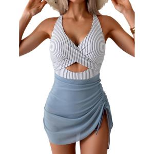 imageB2prity Women Mesh One Piece Swimdress Swimsuit Tummy Control V Neck Cutout Bathing Suit Wrap Drawstring Sarong SwimwearStripe grey Blue
