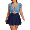 imageB2prity Womens Plus Size Swimsuit Tummy Control One Piece Swimdress Ruffle V Neck Cutout Wrap Bathing Suit with SkirtBlue Color Block
