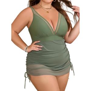 imageB2prity Womens Plus Size One Piece Swimsuit Tummy Control Swim Dress Slimming Mesh Sheer Sarong Wraps Bathing SuitArmy Green