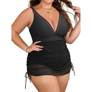 imageB2prity Womens Plus Size One Piece Swimsuit Tummy Control Swim Dress Slimming Mesh Sheer Sarong Wraps Bathing SuitBlack
