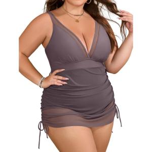 imageB2prity Womens Plus Size One Piece Swimsuit Tummy Control Swim Dress Slimming Mesh Sheer Sarong Wraps Bathing SuitGrey Purple