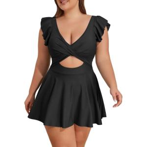 imageB2prity Womens Plus Size Swimsuit Tummy Control One Piece Swimdress Ruffle V Neck Cutout Wrap Bathing Suit with SkirtBlack