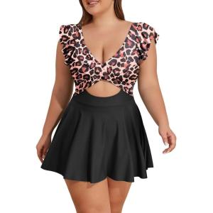 imageB2prity Womens Plus Size Swimsuit Tummy Control One Piece Swimdress Ruffle V Neck Cutout Wrap Bathing Suit with SkirtBlack Leopard