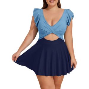 imageB2prity Womens Plus Size Swimsuit Tummy Control One Piece Swimdress Ruffle V Neck Cutout Wrap Bathing Suit with SkirtBlue Color Block