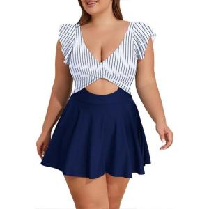 imageB2prity Womens Plus Size Swimsuit Tummy Control One Piece Swimdress Ruffle V Neck Cutout Wrap Bathing Suit with SkirtBlue Striped