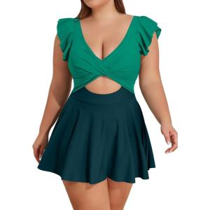 imageB2prity Womens Plus Size Swimsuit Tummy Control One Piece Swimdress Ruffle V Neck Cutout Wrap Bathing Suit with SkirtGreen Block