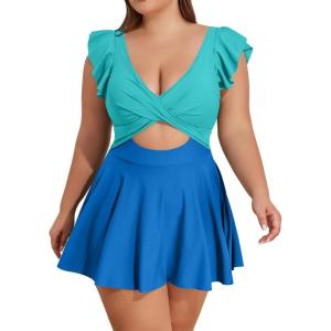 imageB2prity Womens Plus Size Swimsuit Tummy Control One Piece Swimdress Ruffle V Neck Cutout Wrap Bathing Suit with SkirtLight Blue Color Block