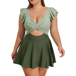imageB2prity Womens Plus Size Swimsuit Tummy Control One Piece Swimdress Ruffle V Neck Cutout Wrap Bathing Suit with SkirtLight Green Block