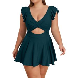 imageB2prity Womens Plus Size Swimsuit Tummy Control One Piece Swimdress Ruffle V Neck Cutout Wrap Bathing Suit with SkirtPeacock Green