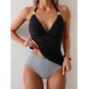 imageB2prity Halter Tankini Swimsuit for Women Tummy Control Two Piece Bathing Suit V Neck Swimwear with ShortsBlack  Striped