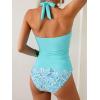 imageB2prity Halter Tankini Swimsuit for Women Tummy Control Two Piece Bathing Suit V Neck Swimwear with ShortsBlue Green  Leaf