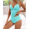 imageB2prity Halter Tankini Swimsuit for Women Tummy Control Two Piece Bathing Suit V Neck Swimwear with ShortsBlue Green