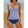 imageB2prity Halter Tankini Swimsuit for Women Tummy Control Two Piece Bathing Suit V Neck Swimwear with ShortsWhite Blue Stripe