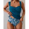 imageB2prity Tankini Swimsuits for Women Tummy Control Two Piece Bathing Suit High Waisted Wrap Swim Suit with Bottom SwimwearPeacock Blue  Leaf Print