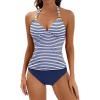 imageB2prity Halter Tankini Swimsuit for Women Tummy Control Two Piece Bathing Suit V Neck Swimwear with ShortsWhite Blue Stripe