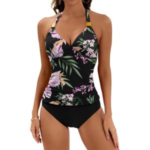 imageB2prity Halter Tankini Swimsuit for Women Tummy Control Two Piece Bathing Suit V Neck Swimwear with Shorts15