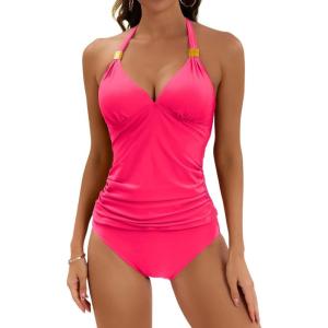 imageB2prity Halter Tankini Swimsuit for Women Tummy Control Two Piece Bathing Suit V Neck Swimwear with ShortsWatermelon Red