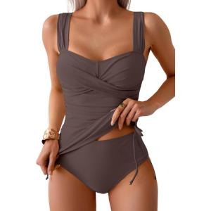 imageB2prity Tankini Swimsuits for Women Tummy Control Two Piece Bathing Suit High Waisted Wrap Swim Suit with Bottom SwimwearCoffee