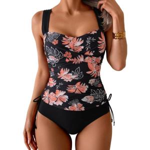 imageB2prity Tankini Swimsuits for Women Tummy Control Two Piece Bathing Suit High Waisted Wrap Swim Suit with Bottom SwimwearLight Pink Floral  Black