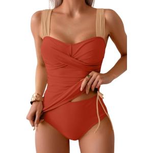 imageB2prity Tankini Swimsuits for Women Tummy Control Two Piece Bathing Suit High Waisted Wrap Swim Suit with Bottom SwimwearReddish Brown  Apricot