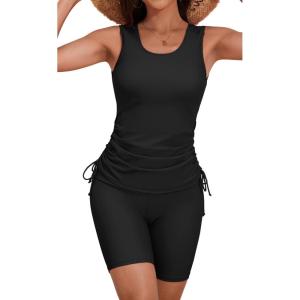 imageB2prity Tankini Swimsuits for Women Tummy Control Two Piece Bathing Suit Tank Top with Shorts Side Tie SwimwearBlack
