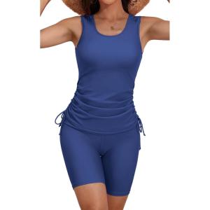 imageB2prity Tankini Swimsuits for Women Tummy Control Two Piece Bathing Suit Tank Top with Shorts Side Tie SwimwearDark Blue