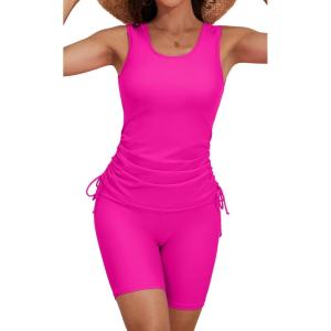 imageB2prity Tankini Swimsuits for Women Tummy Control Two Piece Bathing Suit Tank Top with Shorts Side Tie SwimwearHot Pink