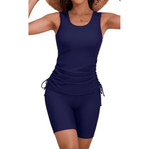 imageB2prity Tankini Swimsuits for Women Tummy Control Two Piece Bathing Suit Tank Top with Shorts Side Tie SwimwearNavy Blue