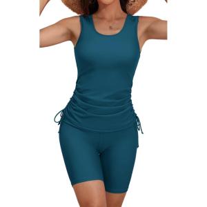 imageB2prity Tankini Swimsuits for Women Tummy Control Two Piece Bathing Suit Tank Top with Shorts Side Tie SwimwearPeacock Blue
