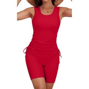 imageB2prity Tankini Swimsuits for Women Tummy Control Two Piece Bathing Suit Tank Top with Shorts Side Tie SwimwearRed