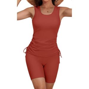 imageB2prity Tankini Swimsuits for Women Tummy Control Two Piece Bathing Suit Tank Top with Shorts Side Tie SwimwearReddish Brown