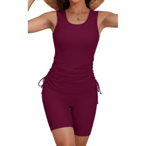 imageB2prity Tankini Swimsuits for Women Tummy Control Two Piece Bathing Suit Tank Top with Shorts Side Tie SwimwearWine Red