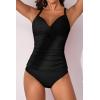imageB2prity Womens Ruched Tankini Swimsuits V Neck Wrap Tie Back Two Pieces Bathing Suit Tummy Control SwimwearBlack