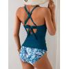 imageB2prity Womens Ruched Tankini Swimsuits V Neck Wrap Tie Back Two Pieces Bathing Suit Tummy Control SwimwearBlue print