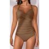 imageB2prity Womens Ruched Tankini Swimsuits V Neck Wrap Tie Back Two Pieces Bathing Suit Tummy Control SwimwearBrown