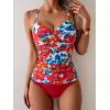imageB2prity Womens Ruched Tankini Swimsuits V Neck Wrap Tie Back Two Pieces Bathing Suit Tummy Control SwimwearFlower  Red