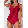 imageB2prity Womens Ruched Tankini Swimsuits V Neck Wrap Tie Back Two Pieces Bathing Suit Tummy Control SwimwearRed