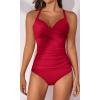imageB2prity Womens Ruched Tankini Swimsuits V Neck Wrap Tie Back Two Pieces Bathing Suit Tummy Control SwimwearRed