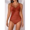 imageB2prity Womens Ruched Tankini Swimsuits V Neck Wrap Tie Back Two Pieces Bathing Suit Tummy Control SwimwearReddish Brown