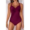 imageB2prity Womens Ruched Tankini Swimsuits V Neck Wrap Tie Back Two Pieces Bathing Suit Tummy Control SwimwearWine Red