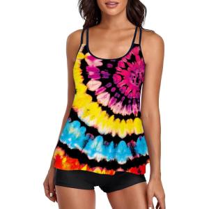 imageB2prity Tankini Swimsuits for Women Two Piece Bathing Suits Tummy Control Long Torso Tank Tops with ShortsBrown Stripes