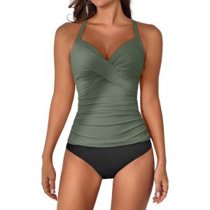 imageB2prity Womens Ruched Tankini Swimsuits V Neck Wrap Tie Back Two Pieces Bathing Suit Tummy Control SwimwearArmy Green  Black