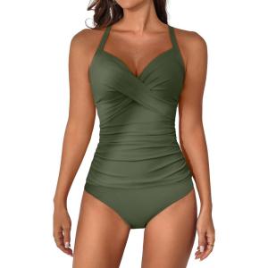 imageB2prity Womens Ruched Tankini Swimsuits V Neck Wrap Tie Back Two Pieces Bathing Suit Tummy Control SwimwearArmy Green