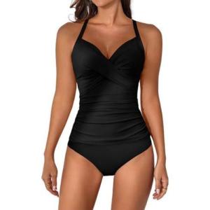 imageB2prity Womens Ruched Tankini Swimsuits V Neck Wrap Tie Back Two Pieces Bathing Suit Tummy Control SwimwearBlack