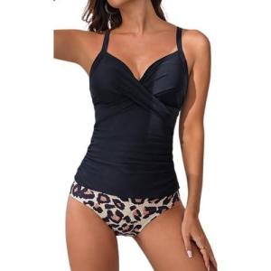 imageB2prity Womens Ruched Tankini Swimsuits V Neck Wrap Tie Back Two Pieces Bathing Suit Tummy Control SwimwearBlack01